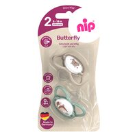 Set 2 suzete nip Butterfly cu tetina ortodontica din silicon, forma simetrica, fara BPA, cu inel pentru prindere usoara, 5-18 luni, nip Butterfly 31051