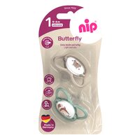 Set 2 suzete nip Butterfly cu tetina ortodontica din silicon, forma simetrica, fara BPA, cu inel pentru prindere usoara, 0-6 luni, nip Butterfly 31050 