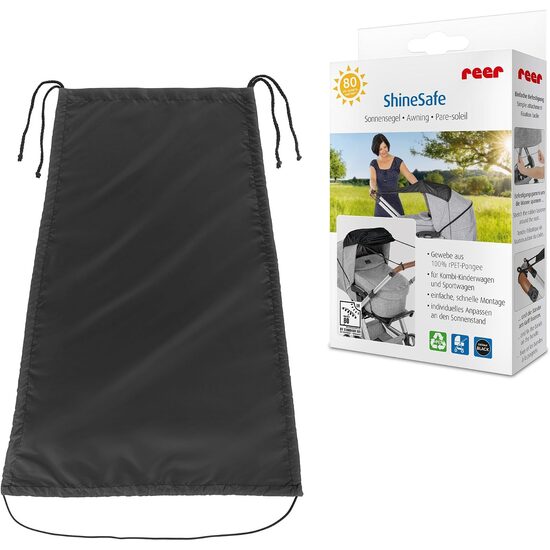 Copertina solara carucior copii, protectie UV UPF 80+, parasolar universal reglabil, protectie vant si ploaie usoara, prindere elastica universala, montare rapida, negru, Reer ShineSafe 84291